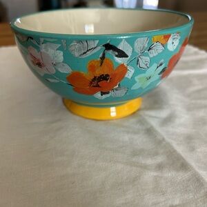 Pioneer Woman Floral Footed Bowl – Teal Orange Flowers Stoneware